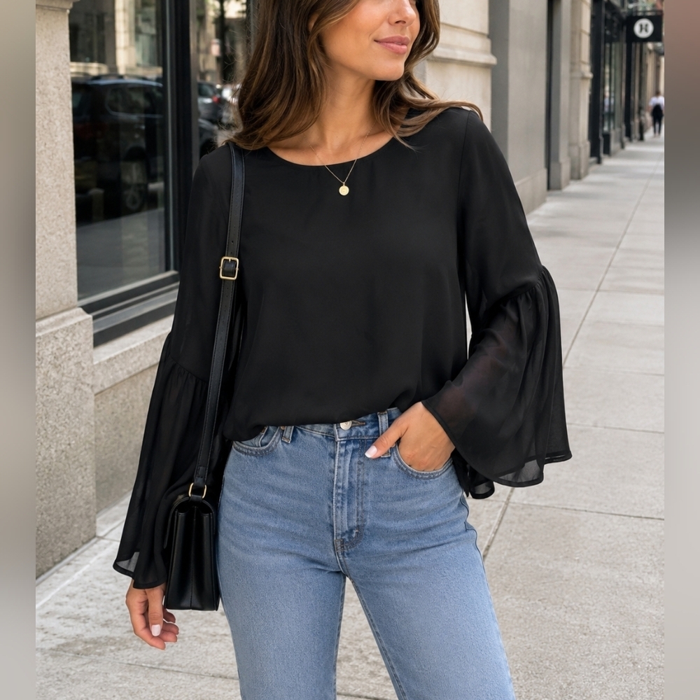 Twik Black Bell Sleeve Blouse Medium Sheer Lightweight Dressy Casual Top